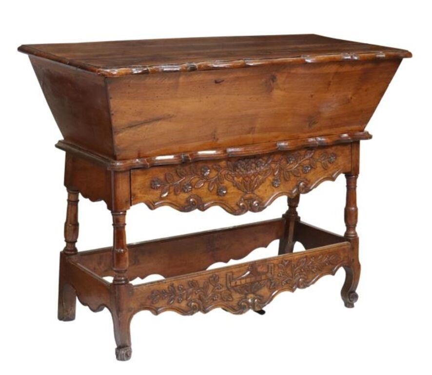 Appraisal: FRENCH PROVINCIAL CARVED DOUGH BIN ON STANDFrench Provincial carved dough