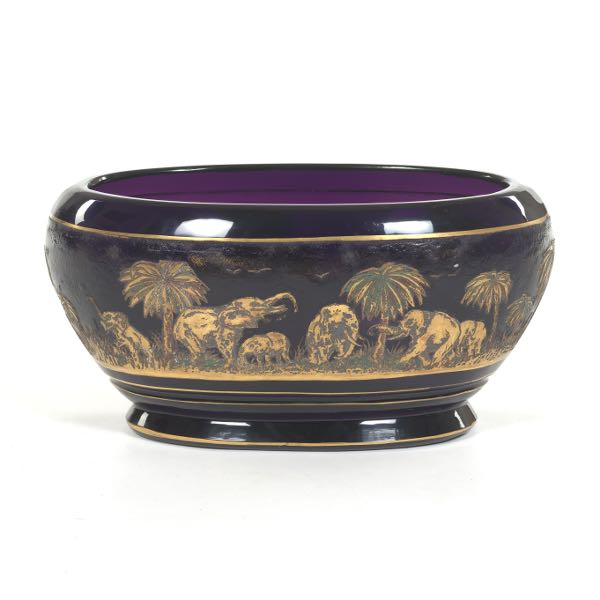 Appraisal: MOSER AMETHYST GLASS ACID ETCHED GILT SAFARI OVAL CENTREPIECE BOWL