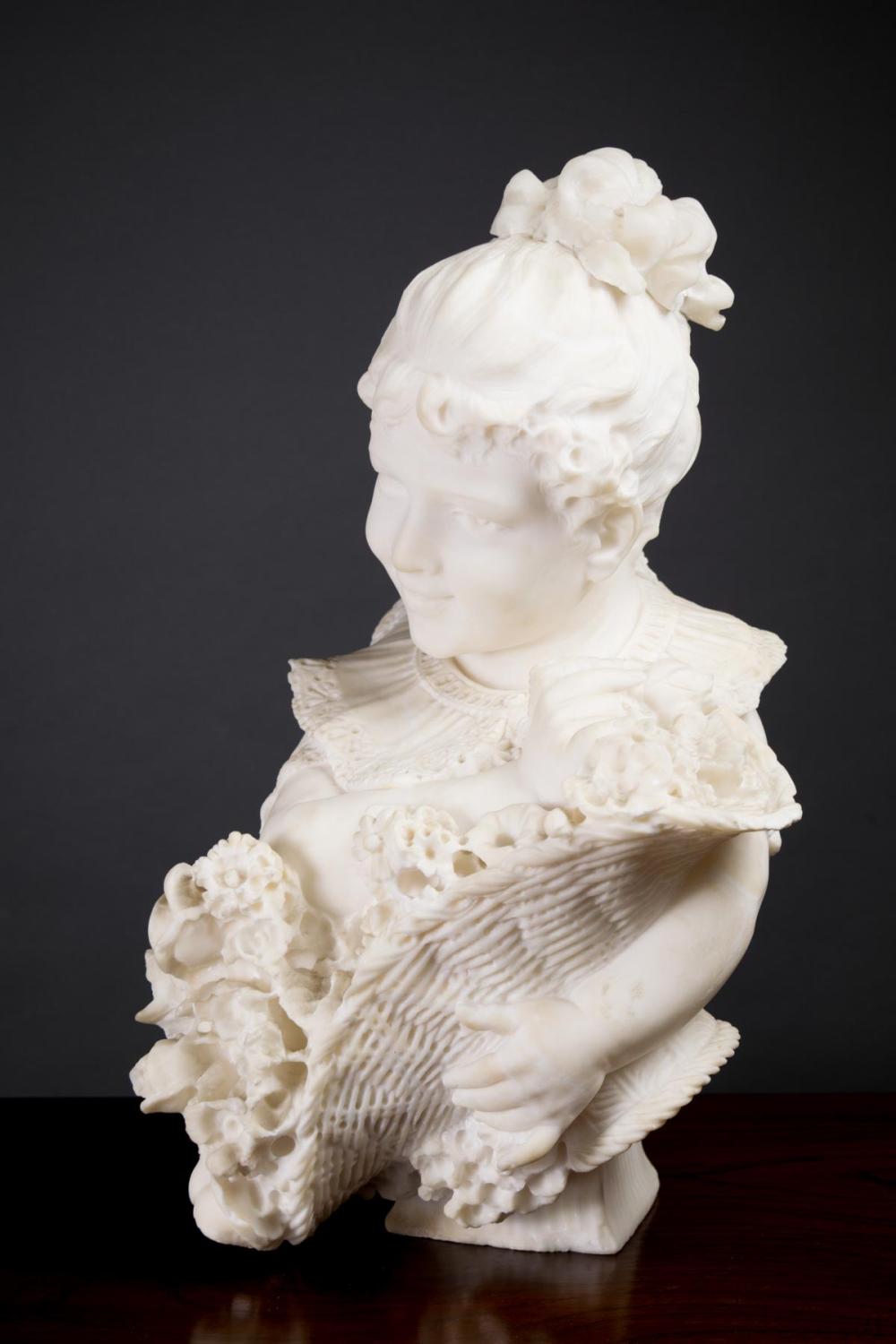 Appraisal: CARVED ALABASTER BUST Italian c young girl with basket of