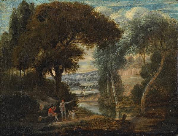 Appraisal: Flemish School th Century An extensive river landscape with two