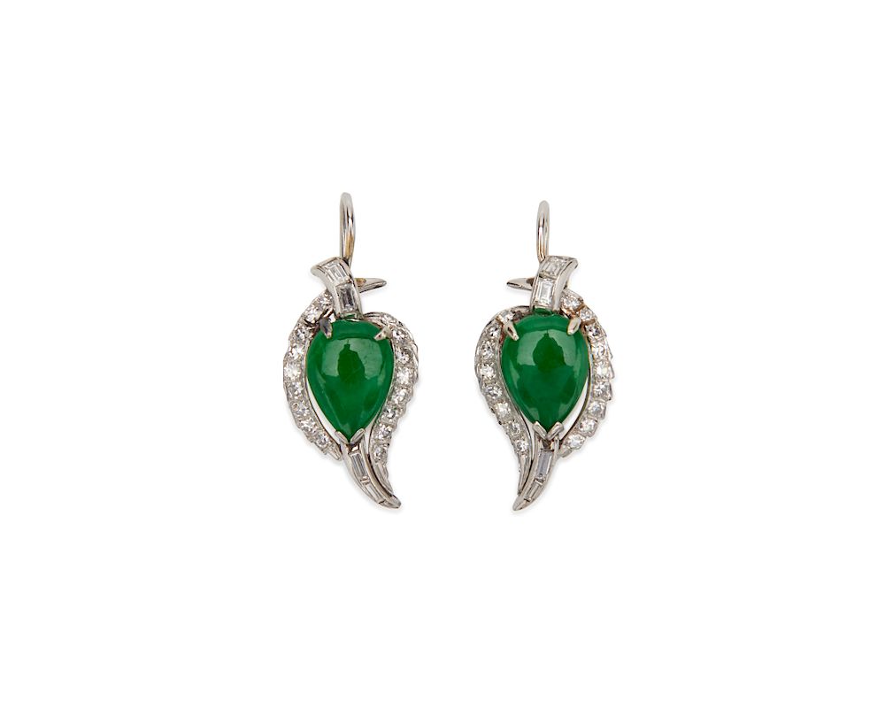 Appraisal: Platinum Jadeite and Diamond Pendant Earrings Platinum Jadeite and Diamond