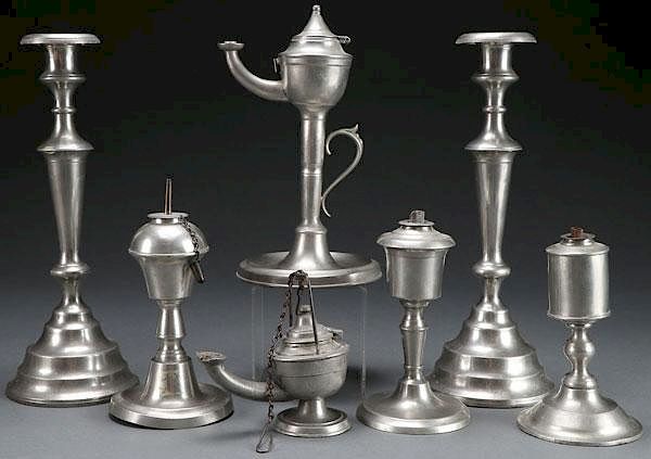 Appraisal: AMERICAN PEWTER LIGHTING PIECES A SEVEN PIECE GROUP OF EARLY