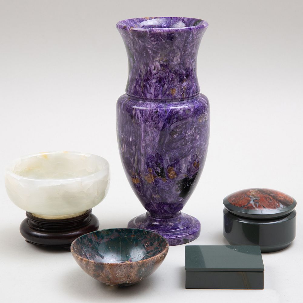 Appraisal: Group of Five Stone Table Articles Comprising A purple stone