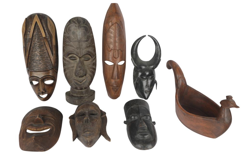 Appraisal: GROUP OF CARVED WOOD TRIBAL MASKS IMPLEMENTScomprising six masks one