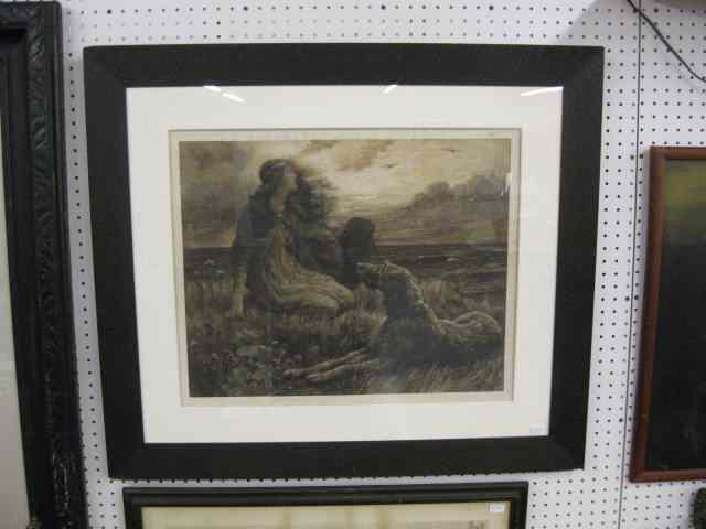 Appraisal: Herbert Dicksee Steel Engraving lady dog along the shore image