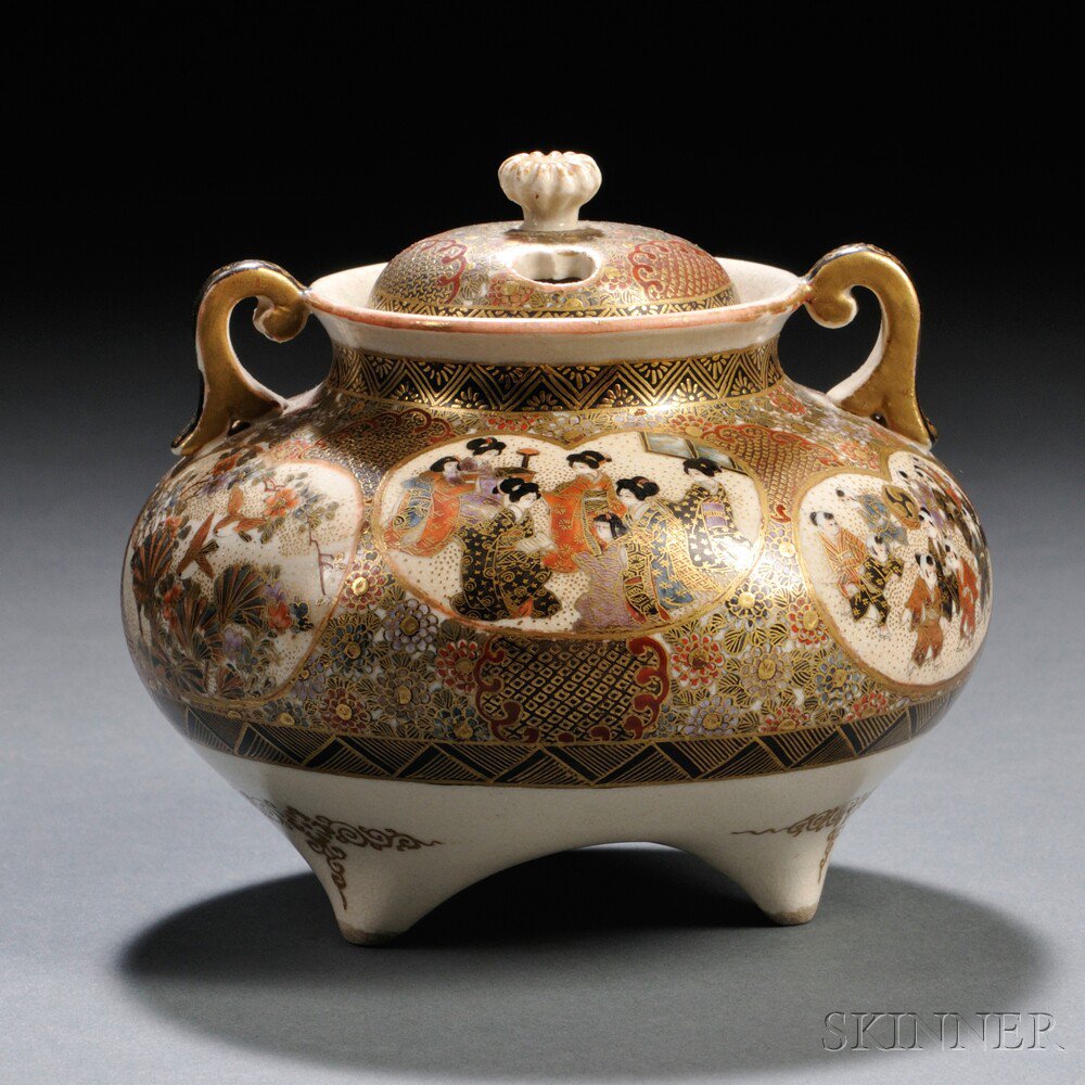 Appraisal: Satsuma Covered Censer Japan th th century compressed oval tripod