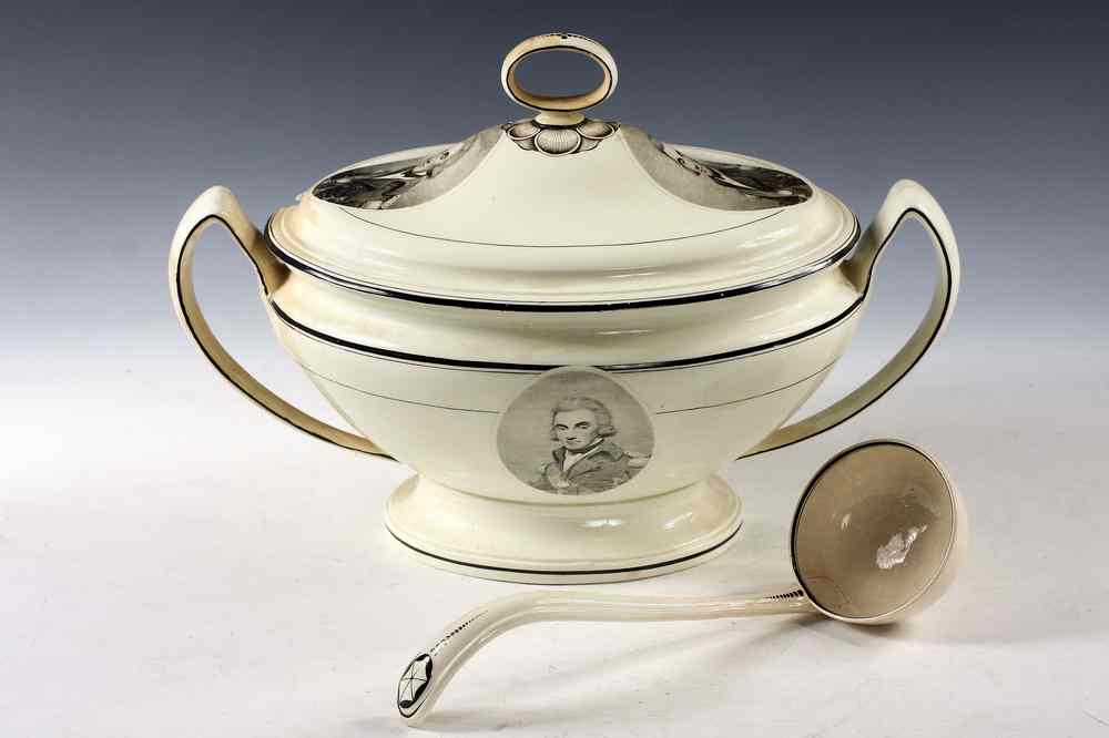 Appraisal: COMMEMORATIVE TUREEN - English Soft-paste Covered Tureen with Commemorative Portraits