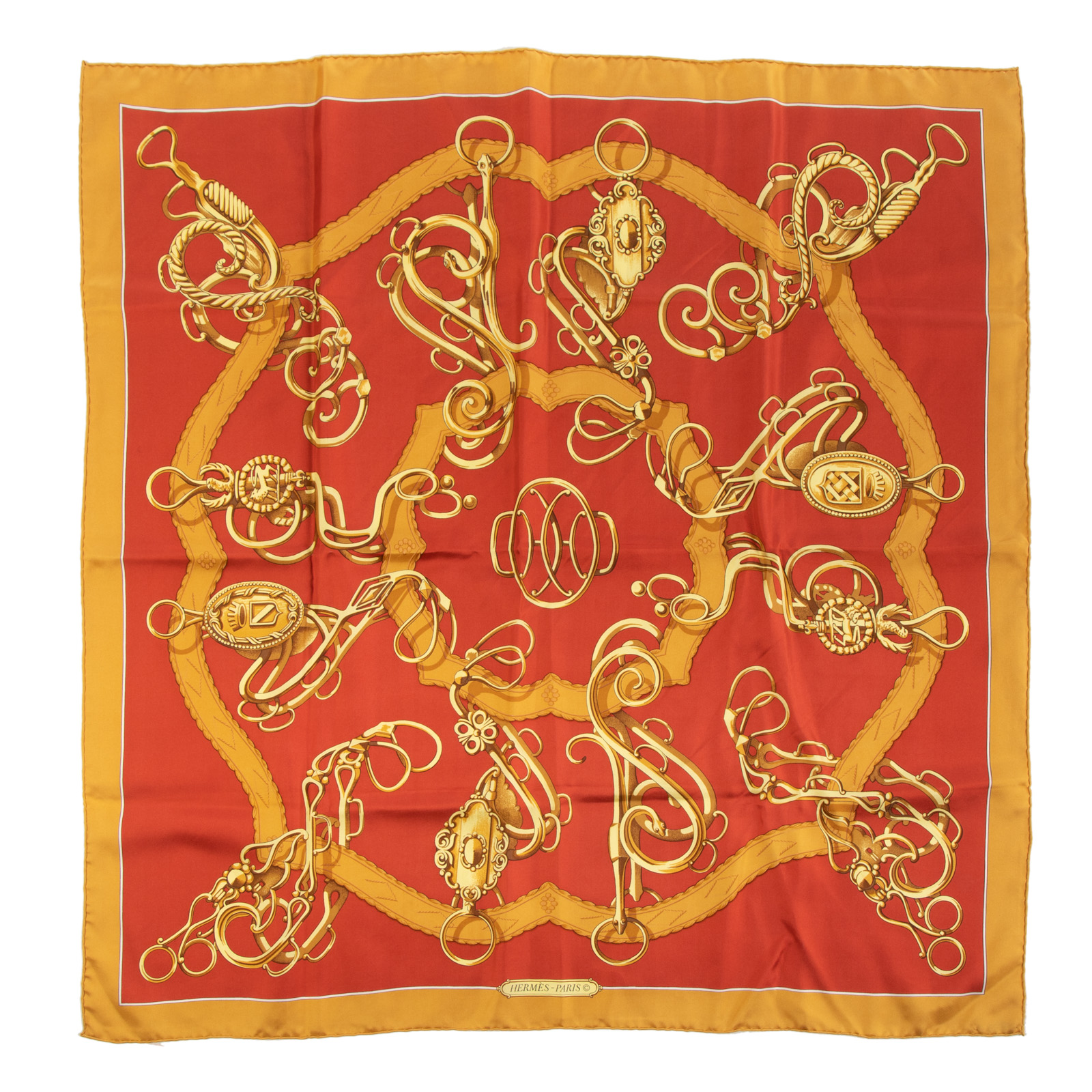 Appraisal: AN HERMES RED PROFILE SELLIER SCARF A red gold and