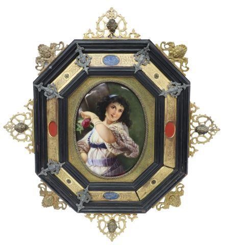 Appraisal: Framed Continental hand-painted porcelain plaque Romani Woman with Rose signed