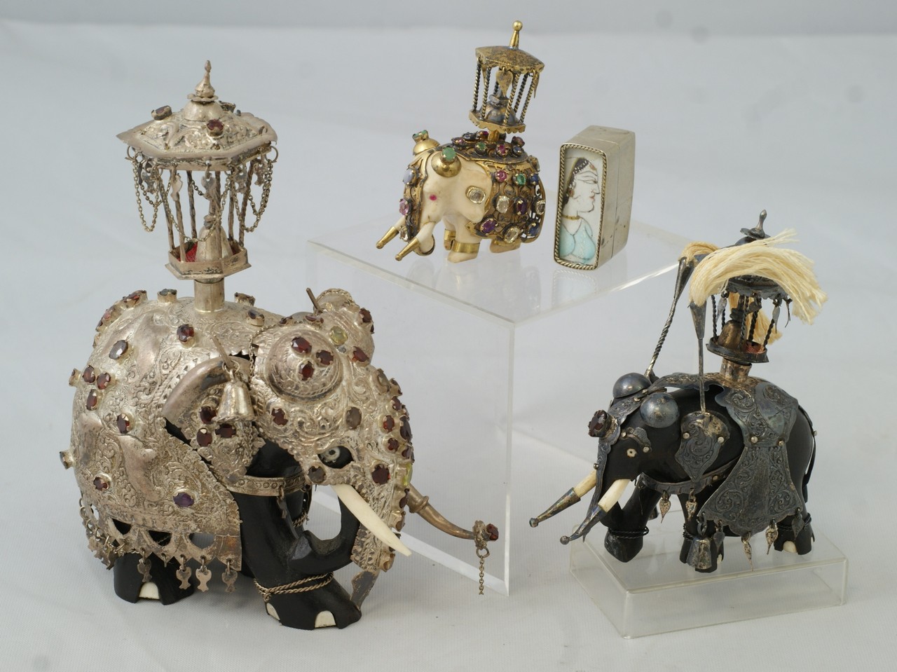 Appraisal: pcs to include Gemstone Encrusted Indian Silver Elephants a gem