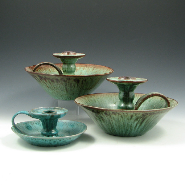 Appraisal: J B Cole Malachite Glazed Candlesticks Three J B Cole