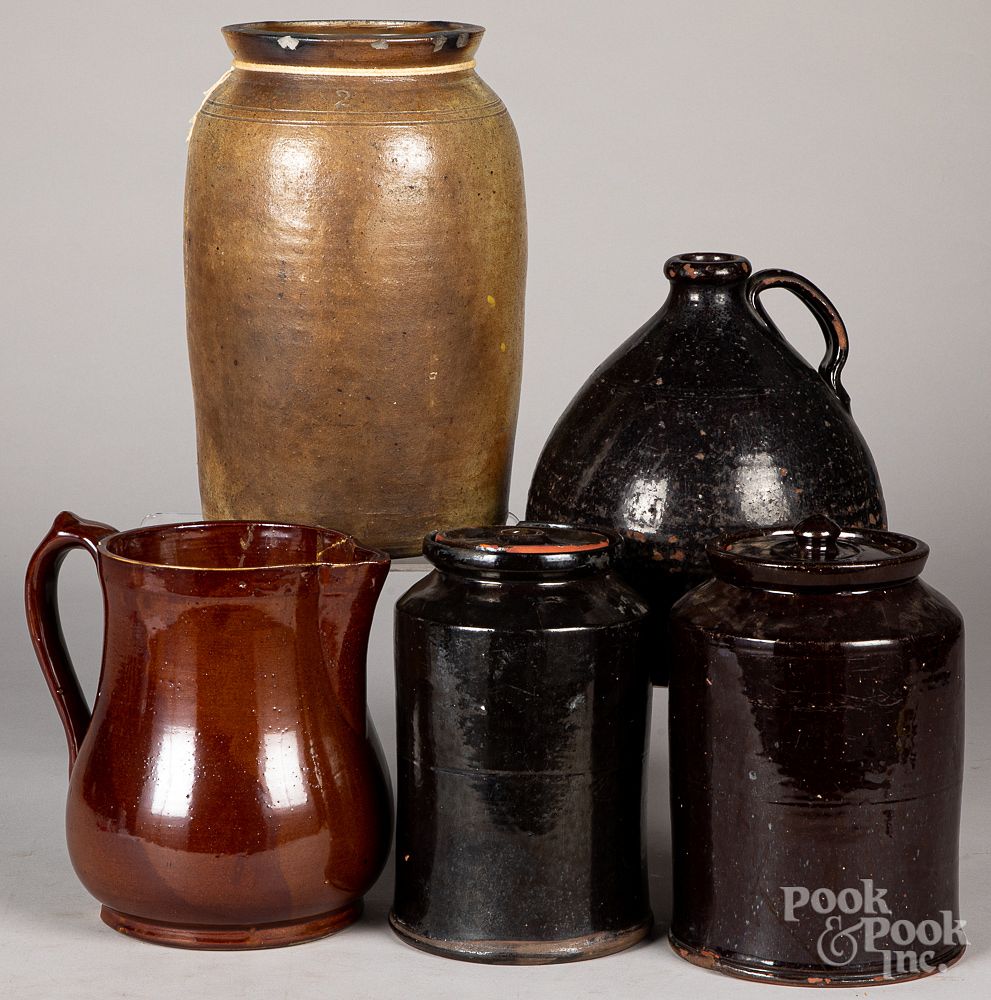 Appraisal: Five pieces of redware and stoneware Five pieces of redware