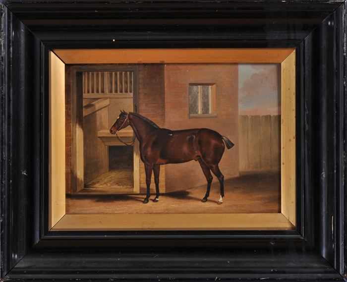 Appraisal: EUROPEAN SCHOOL RACE HORSE OUTSIDE HIS STALL Oil on panel