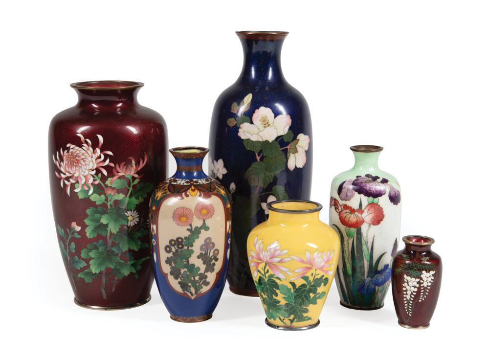 Appraisal: Six Japanese Cloisonne Enamel Vases th c incl oxblood with