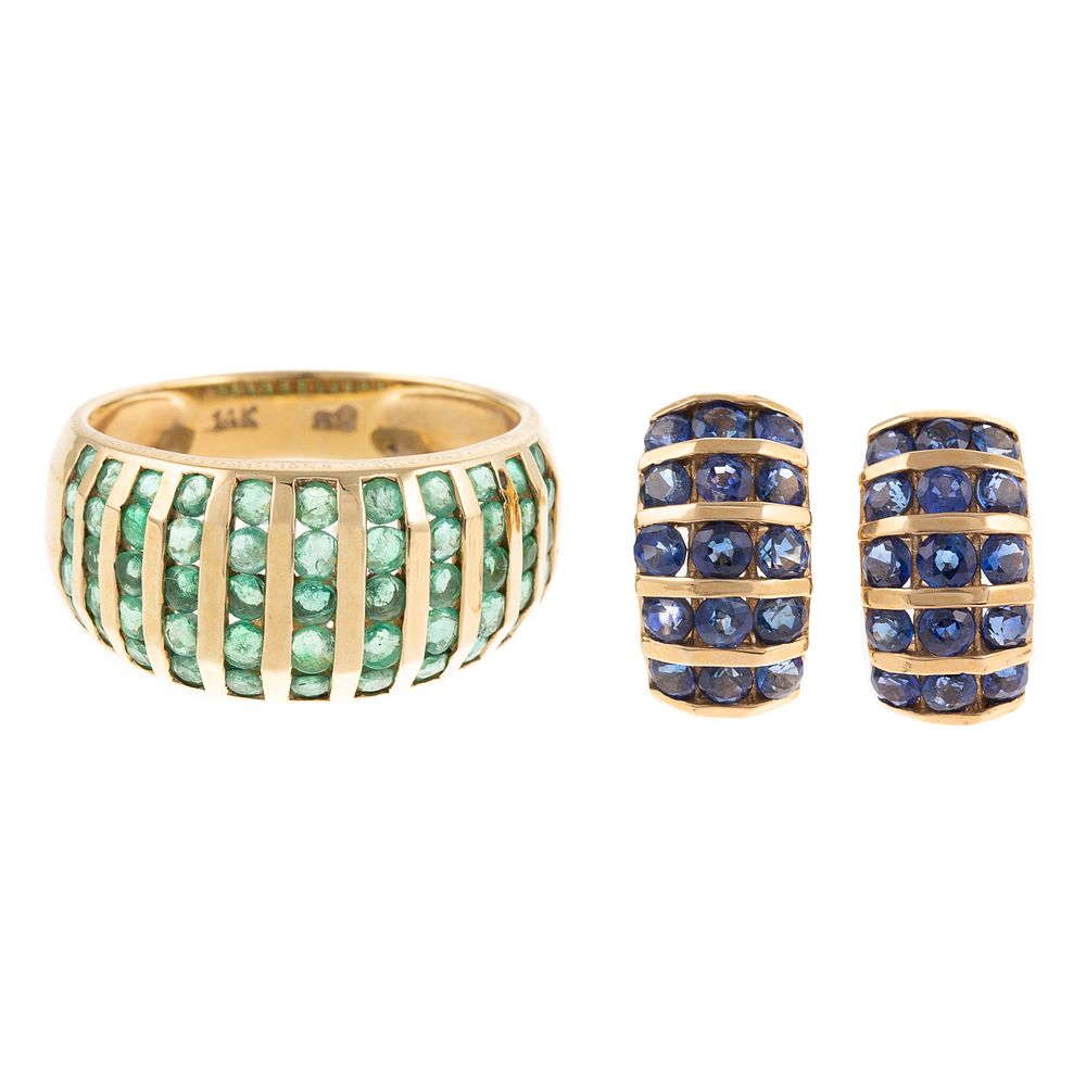 Appraisal: A Wide Emerald Band with Sapphire Earrings in K K