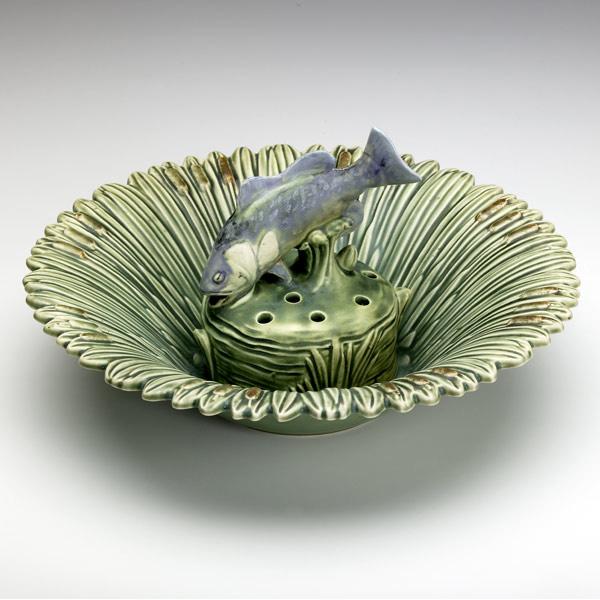 Appraisal: WELLER Ardsley cattail bowl and fish flower frog Glazed-over firing