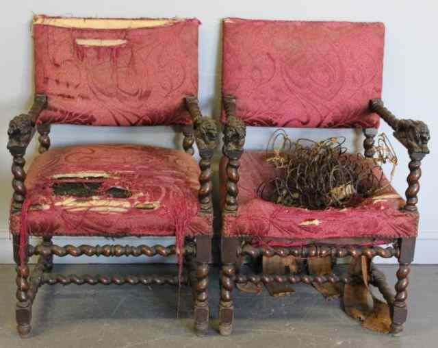 Appraisal: Pair of Victorian Arm Chairs With Lion Carvings Carvings on