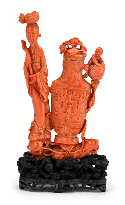 Appraisal: Chinese carved coral grouping Qing dynasty Elaborate single-piece carving depicts