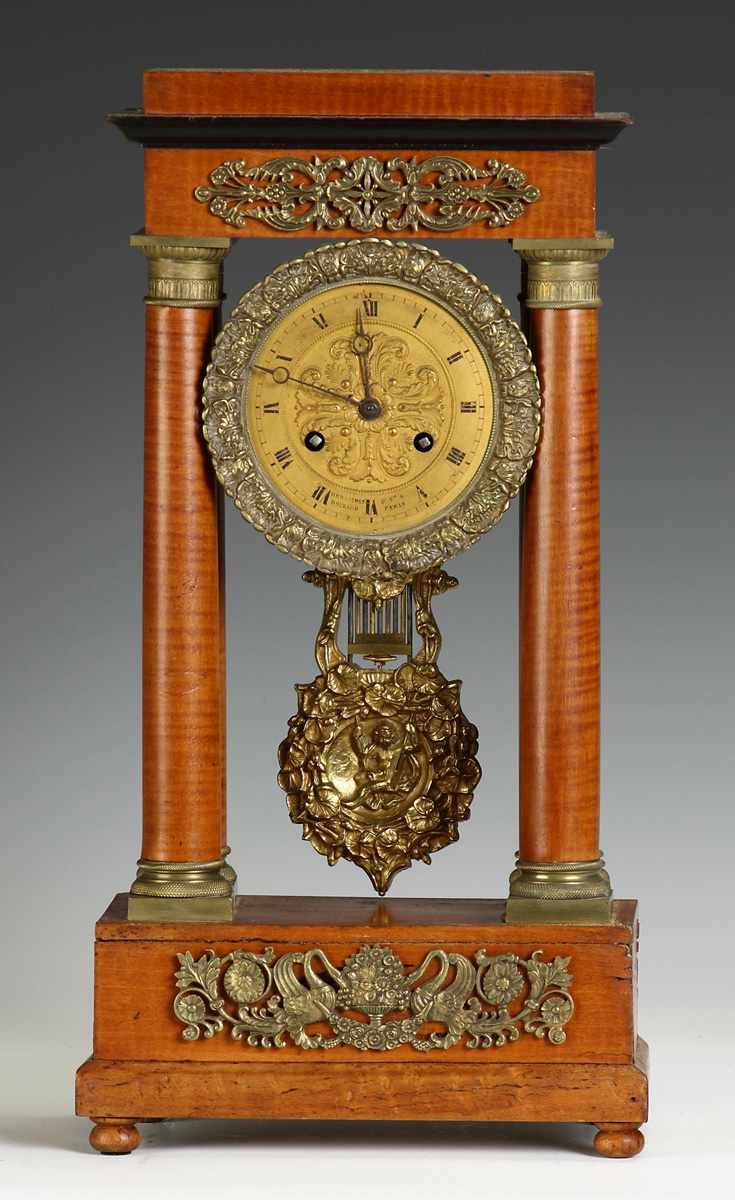 Appraisal: French Portico Clock Tiger and curly maple case by Deraismes