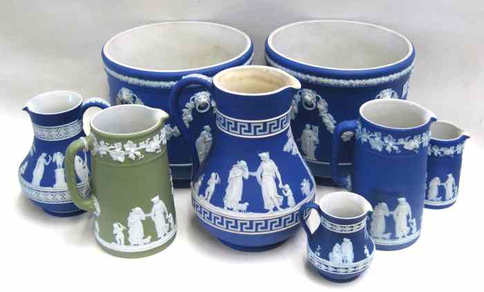 Appraisal: EIGHT PIECES WEDGWOOD JASPERWARE pair blue and white jardinieres ''D