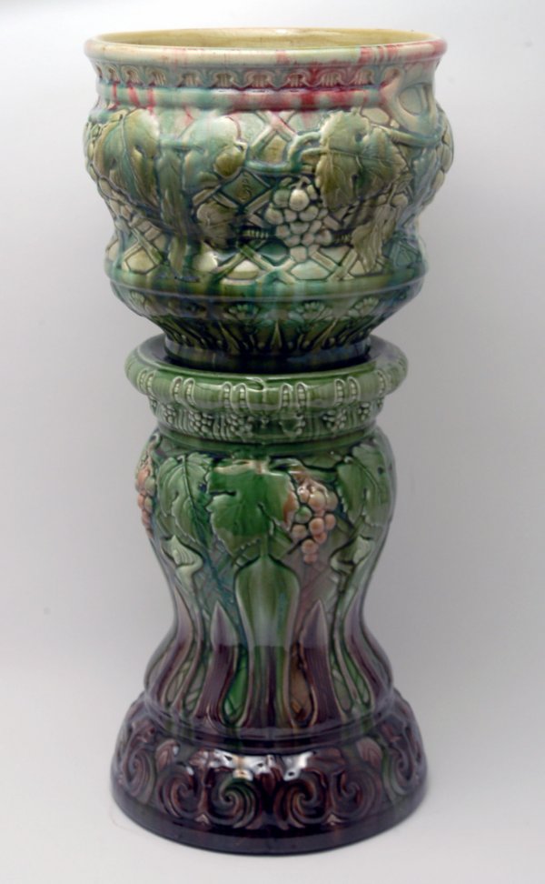 Appraisal: Majolica jardiniere and pedestal with molded grapes and vines and