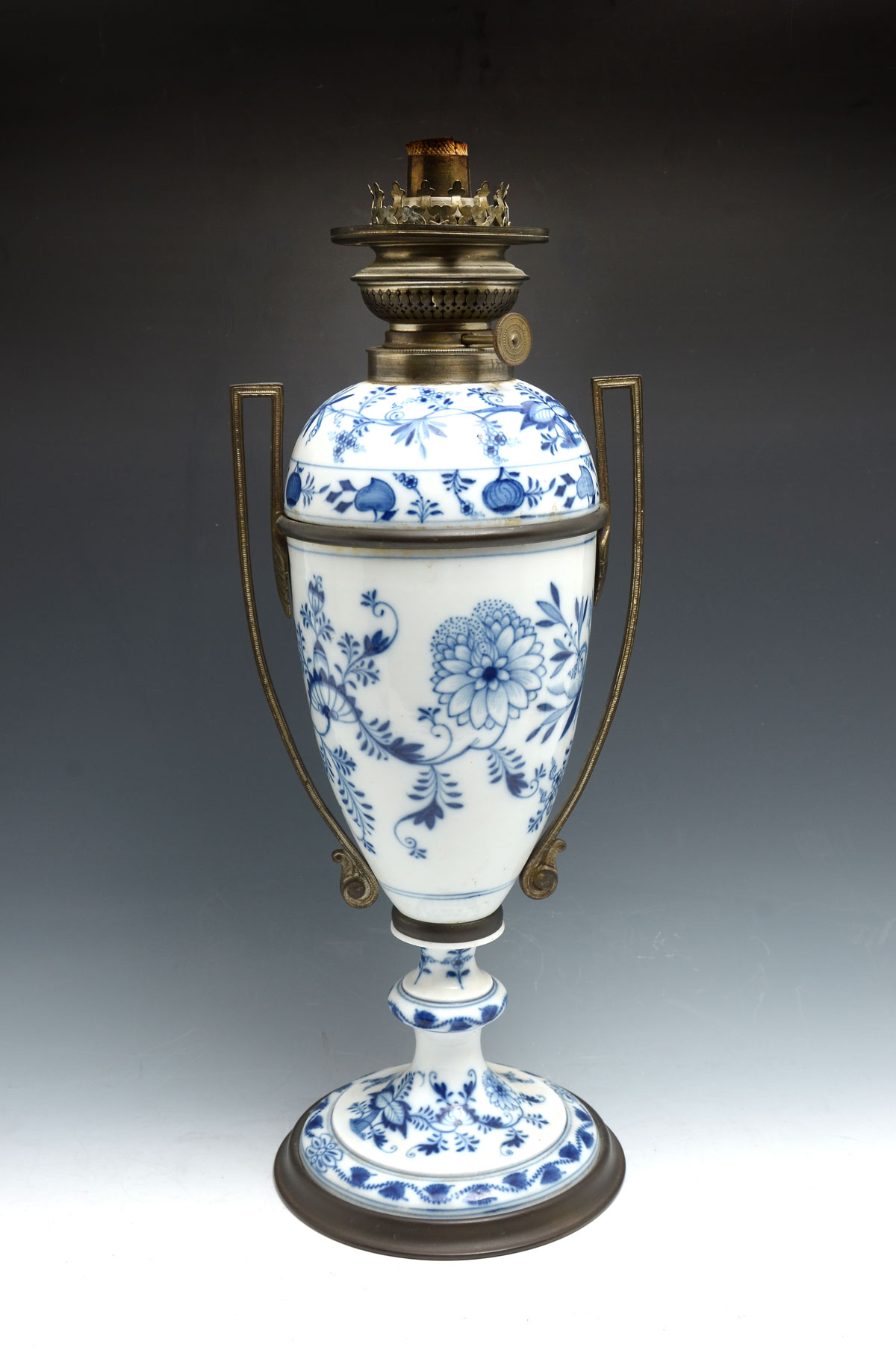 Appraisal: MEISSEN BLUE ONION OIL LAMP Hand-painted Blue Onion oil lamp