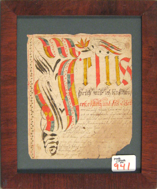 Appraisal: Southeastern Pennsylvania ink and watercolor Vorschrift fragment ca x