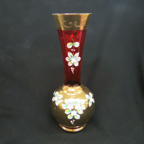 Appraisal: Bohemian Art Glass Vase enameled flowers gold on red excellent