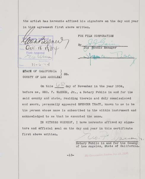 Appraisal: SPENCER TRACY Two-year studio contract signed by Tracy November pages