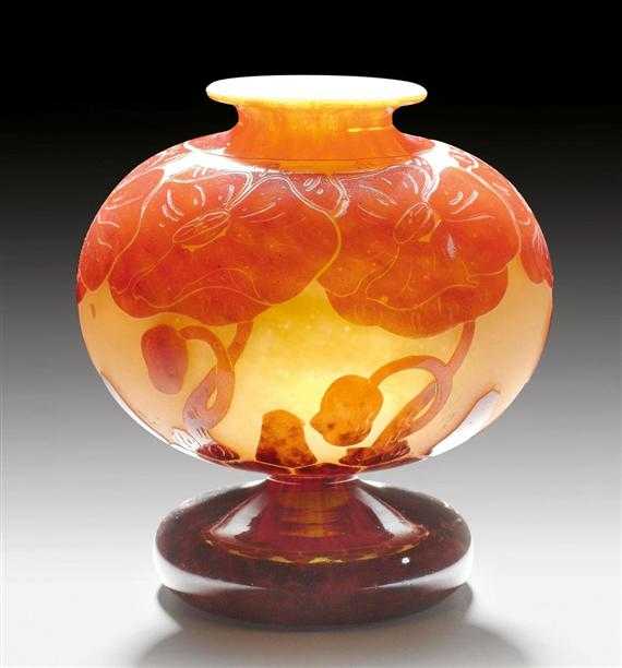 Appraisal: SCHNEIDER VASE circa Acid-etched yellow glass with red overlay Signed