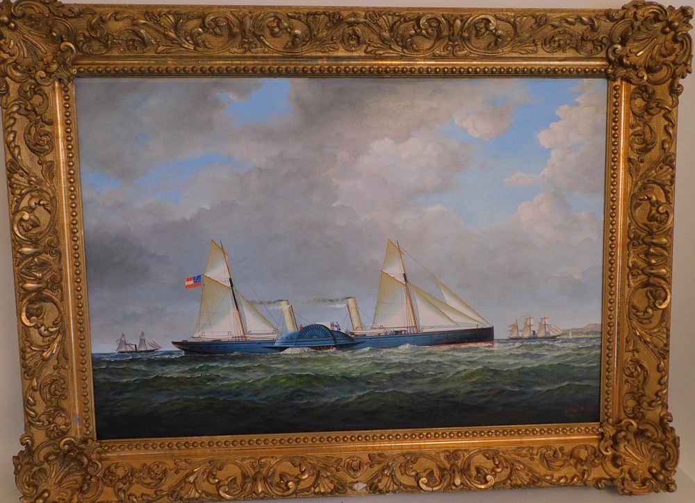 Appraisal: GRAHAM FLIGHT CONFEDERATE SHIP PAINTING Oil on wood panel of