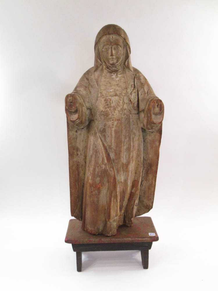 Appraisal: CARVED WOOD FIGURE OF MADONNA ON STAND Continental late th