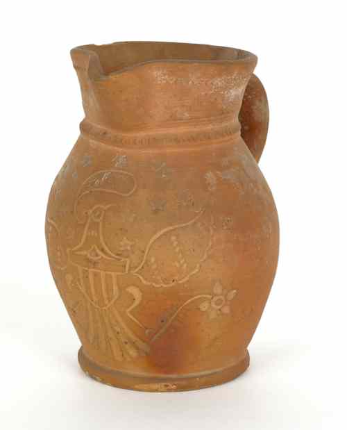 Appraisal: Unglazed Medinger sgraffito redware pitcher early th c with eagle