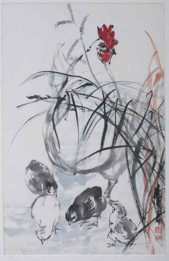 Appraisal: AFTER HUANG ZHOU Chinese - ROOSTER AND CHICKENS ink and