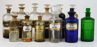 Appraisal: Apothecary Bottles Jars W Labels Under Glass Incl Blue To