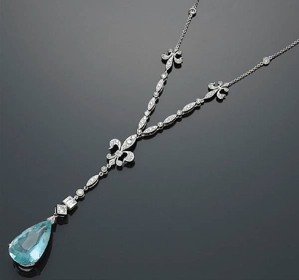 Appraisal: An aquamarine and diamond necklace pear-shaped aquamarine weighing an estimated