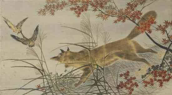 Appraisal: A Japanese Woven Silk Panel depicting a fox chasing two