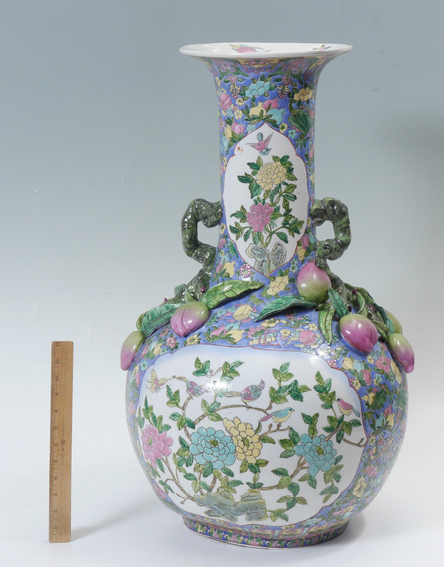 Appraisal: POLYCHROME CHINESE CERAMIC VASE '' tall with handles in the