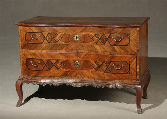 Appraisal: German Rococo Ebonized Wood and Satinwood Parquetry Walnut Serpentine Commode