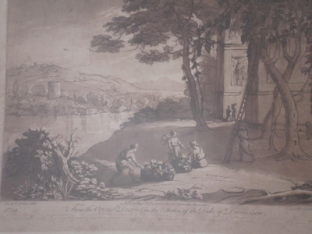 Appraisal: After Claude le Lorrain - Four thC sepia engravings of