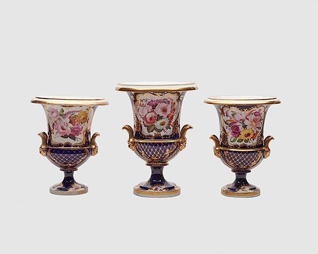 Appraisal: English Cobalt Ground Floral-Decorated Porcelain Three Piece Campagna Form Vase