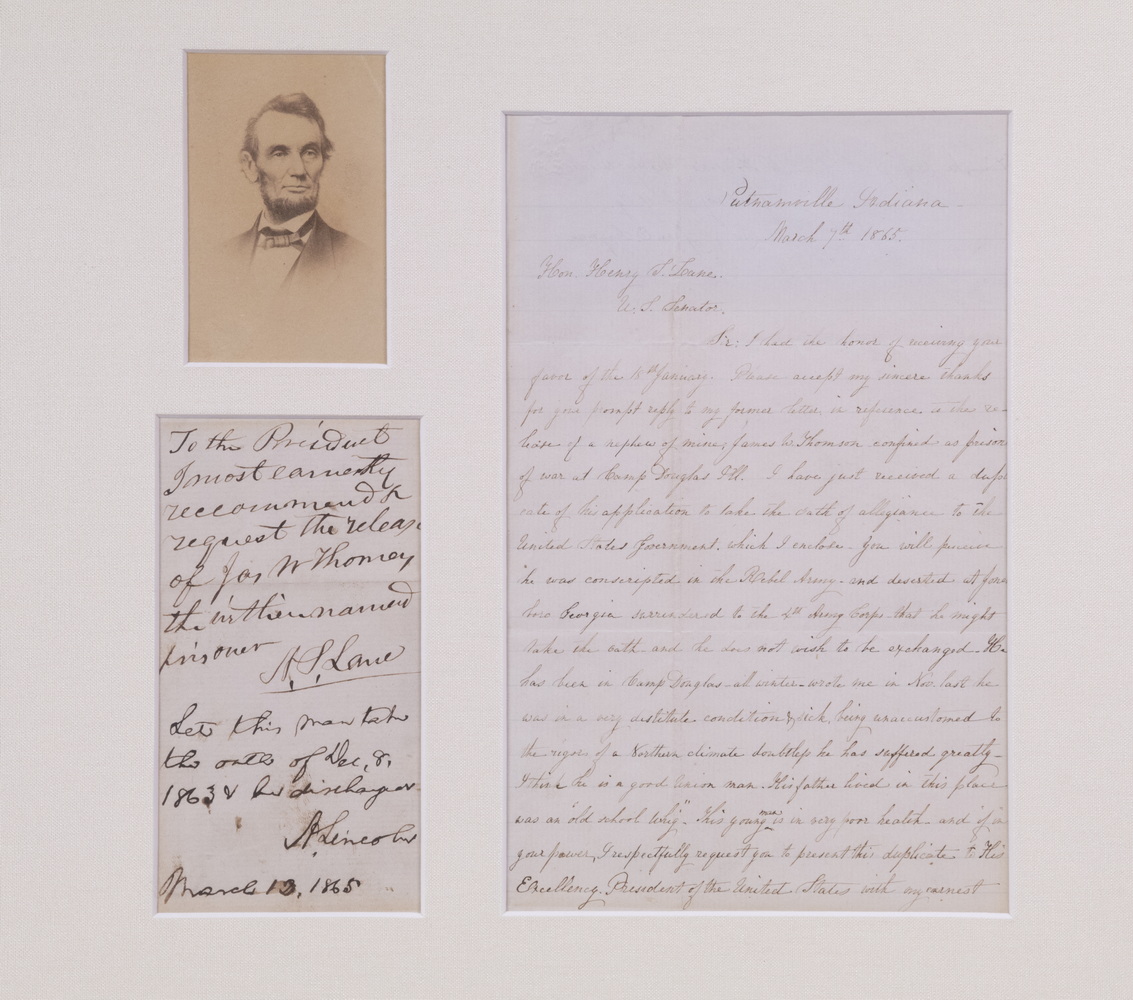 Appraisal: LINCOLN CDV PORTRAIT WITH LETTER TO SENATOR RE A REBEL