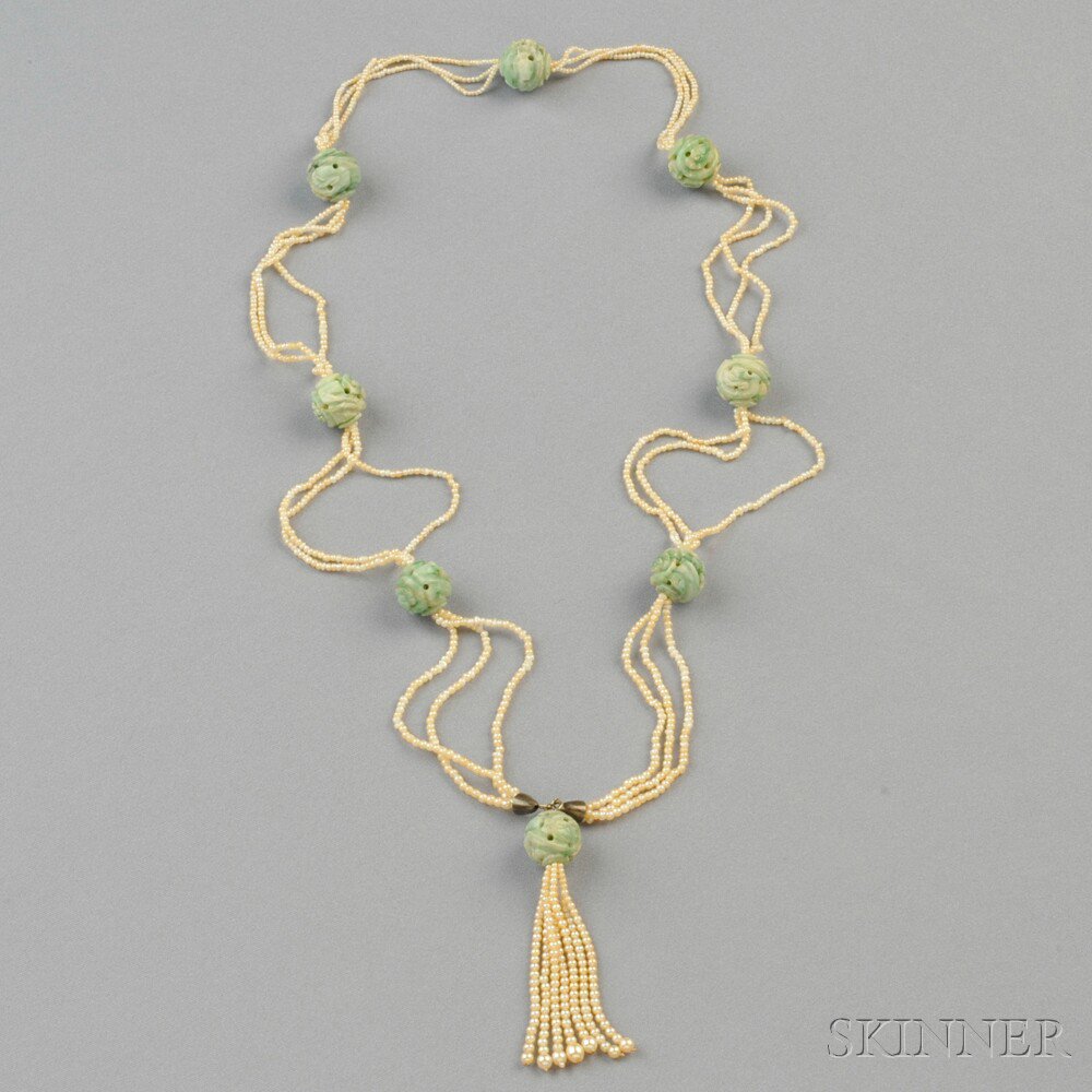 Appraisal: Seed Pearl and Jade Bead Sautoir the carved jade beads