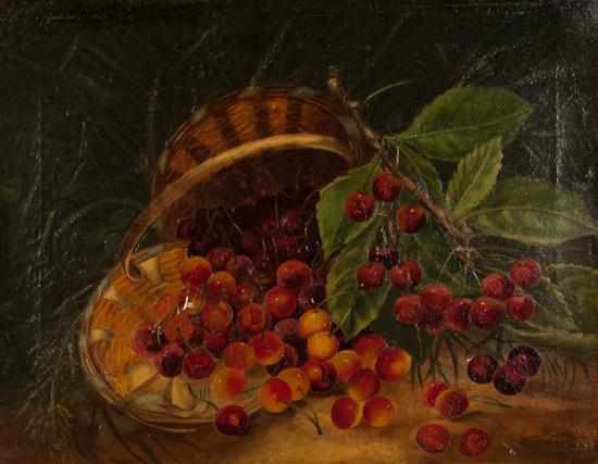 Appraisal: American School late th century Cherries and Basket oil on