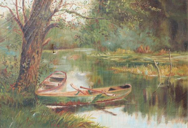 Appraisal: OIL CANVAS OF BOATS ON A STREAM OWNED BY MOTHER