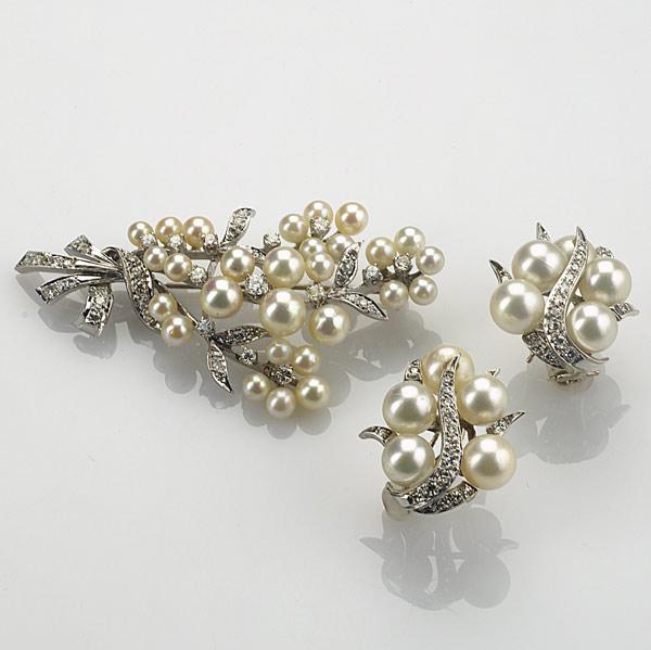 Appraisal: PEARL DIAMOND EARRINGS Together with similar brooch ca Cultured pearls