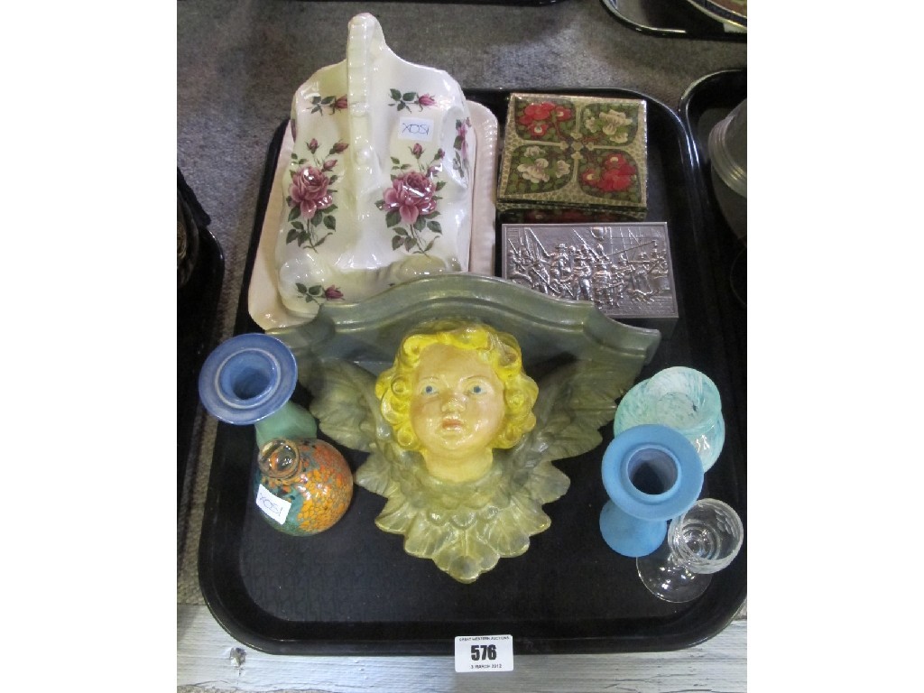 Appraisal: Dutch cigarette box and ashtray cherub wall plinth pottery cheese