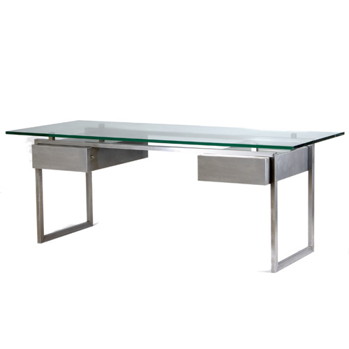 Appraisal: FRENCH Two-drawer brushed metal desk with overhanging glass top x