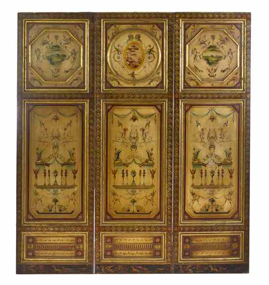 Appraisal: A Continental Painted and Parcel Gilt Three-Panel Floor Screen each