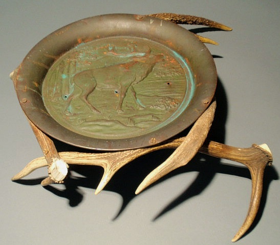 Appraisal: Copper and stag horn centerpiece dish with relief elk decoration